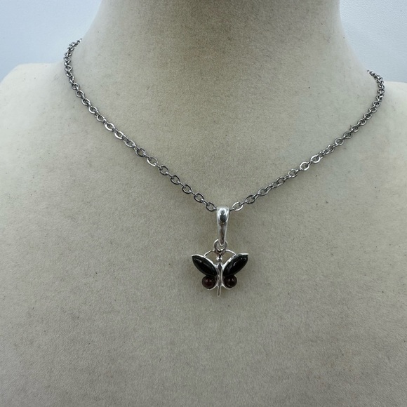 Elegant & Simple Cherry Amber Silver Butterfly Pendant on Stainless Steel Chain - Picture 3 of 9